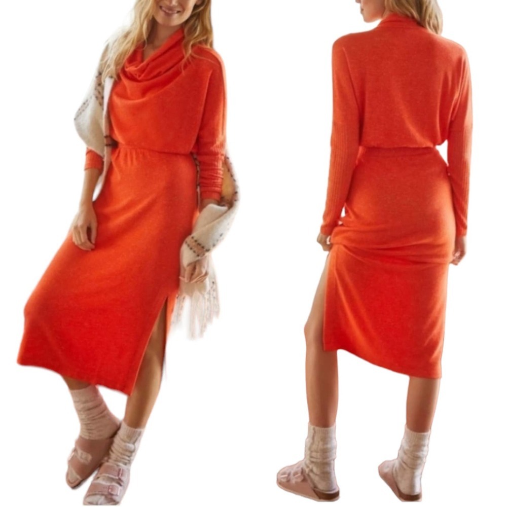 Anthropologie Daily Practice Orange Blouson Knit Midi Dress XS Cowl Neck Sweater